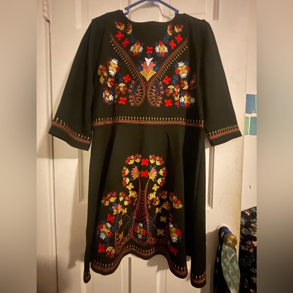 3/4 sleeve embroidered Black Dress